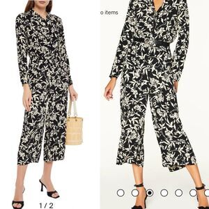 BA&SH Loni Cropped Floral print Jumpsuit Sz S 6 Black Cream Straight Leg